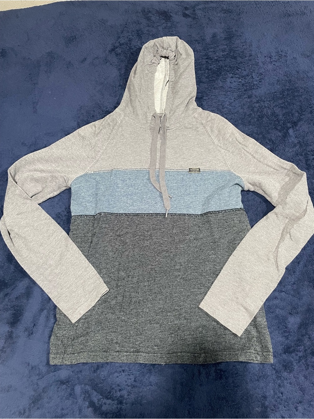 Vans Men’s Colorblock Long Sleeve Hooded Tee in Light Gray, Blue, and Dark Gray